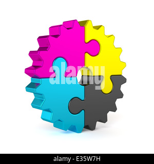 3d render of colorful CMYK puzzle jigsaw gear isolated on white background Stock Photo