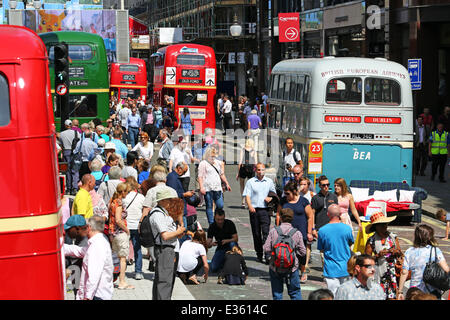 London, UK. 22nd June 2014. Year of the Bus Cavalcade in Regent Street, London celebrating the role buses have played in moving people around London. Buses were on display from 1829 to the present day. Stock Photo