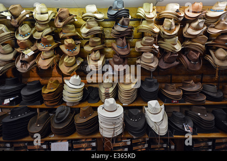 Many styles of cowboy hats for sale at Beaver Creek Hat & Leathers in Jackson Hole, Wyoming. Stock Photo