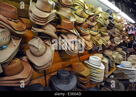 Many styles of cowboy hats for sale at Beaver Creek Hat & Leathers in Jackson Hole, Wyoming. Stock Photo