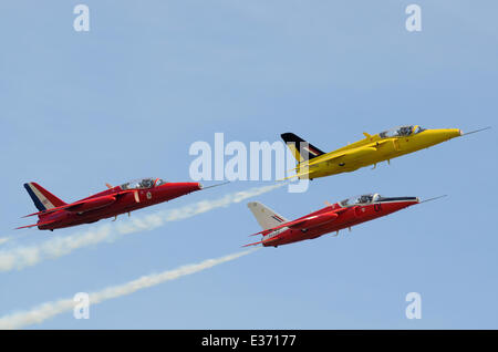 Gnat Display Team of ex Royal Air Force Folland Gnat jet trainer planes. Civilian jet formation team flying an airshow Stock Photo