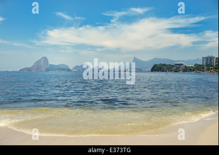 Scenic view from Icarai Beach of Sugarloaf Mountain from across Guanabara Bay in Niteroi Rio de Janeiro Brazil Stock Photo