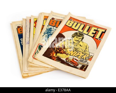 Collection of 'Bullet' comics, the popular British weekly comic for boys from the 1970's, featuring Secret Agent 'Fireball' Stock Photo