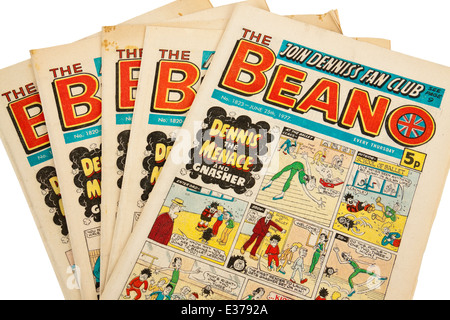 Vintage collection of 'The Beano', the popular British weekly comic. Shown on top is No 1823 from 25th June 1977. Stock Photo