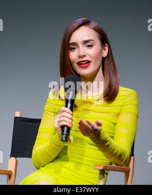 Lily Collins discusses 'The Mortal Instruments: City of Bones,' her new film about half-angel warriors who protect our world from demons.  Featuring: Lily Collins Where: New York City, NY, United States When: 06 Aug 2013 Stock Photo