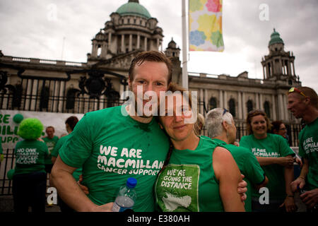 Belfast City Hall,UK. 22nd June 2014. Tara Malone with supporter, Tara took part in the 6 Marathons in 6 Countries in 6 Days Stock Photo