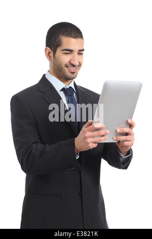 Arab businessman working reading a tablet ereader isolated on a white background Stock Photo