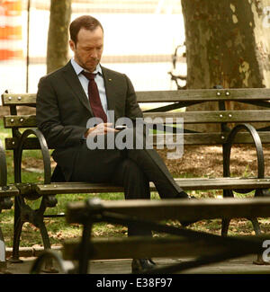 'Blue Bloods' star Donnie Wahlberg seen on his mobile sitting in the park  Featuring: Donnie Wahlberg Where: New York, NY, Unite Stock Photo