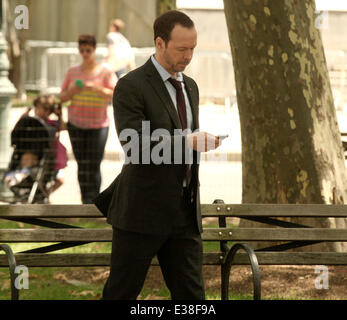 'Blue Bloods' star Donnie Wahlberg seen on his mobile sitting in the park  Featuring: Donnie Wahlberg Where: New York, NY, United States When: 15 Aug 2013 Stock Photo