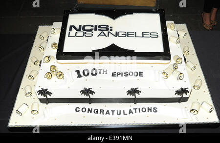 Cast and crew of NCIS: LOS ANGELES on set for a cake-cutting to celebrate the filming of their 100th episode.  (Episode to air on Tuesday, October 15th)  Featuring: Eric Christian Olsen,R. Scott Gemmill,John Peter Kousakis,Chris O'Donnell,Daniela Ruah,Linda Hunt,Renée Felice Smith,Barrett Foa,LL Cool J,Shane Brennan Where: LA, CA, United States When: 23 Aug 2013niel Tanner/WENN.com Stock Photo