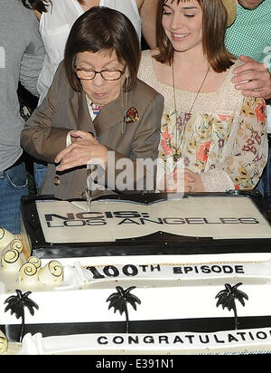 Cast and crew of NCIS: LOS ANGELES on set for a cake-cutting to celebrate the filming of their 100th episode.  (Episode to air on Tuesday, October 15th)  Featuring: Eric Christian Olsen,R. Scott Gemmill,John Peter Kousakis,Chris O'Donnell,Daniela Ruah,Linda Hunt,Renée Felice Smith,Barrett Foa,LL Cool J,Shane Brennan Where: LA, CA, United States When: 23 Aug 2013 Stock Photo