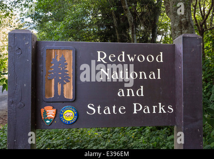 Entrance sign to Redwood National and State Parks, Northern California, USA Stock Photo