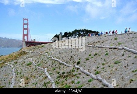 straw waddles control soil erosion on coastal trail leading to the golden gate bridge Stock Photo