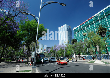 Traffic and pedestrians on the Paseo de la Reforma street in downtown, Mexico City, Mexico Stock Photo