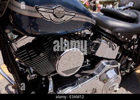 Closeup detail view of Harley Davidson 100th anniversary model motorcycle logo - USA Stock Photo