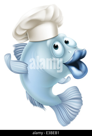 An illustration of cartoon character fish wearing a chef hat and waving Stock Photo