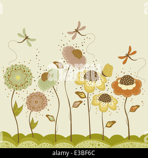 Floral card with stylized flowers and butterflies Stock Photo