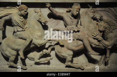 Alexander Sarcophagus. 4th century BC. Alexander and the Macedonians hunting lions with Abdalonymus and the Persians. Marble. Stock Photo