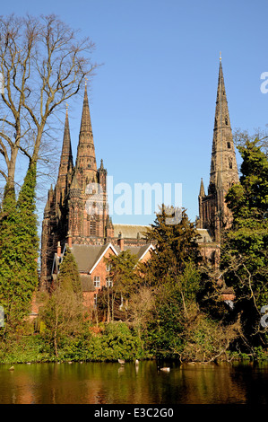 Cathedral seen across Minster Pool, Lichfield, Staffordshire, England, UK, Western Europe. Stock Photo