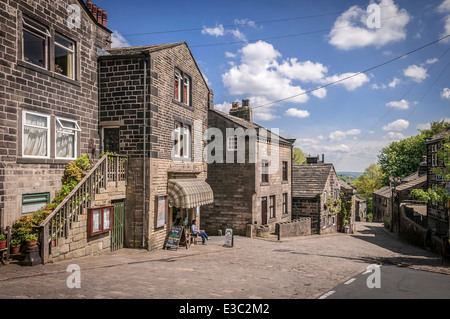 Cobbled main street in Heptonstall village Calderdale. West Yorkshire. North West England. Stock Photo