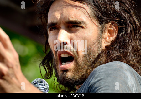 Russell Brand, comedian, speaking at The People's Assembly demonstration against Austerity,  21st June 2014 Stock Photo