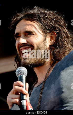 Russell Brand, comedian, speaking at The People's Assembly demonstration against Austerity,  21st June 2014 Stock Photo