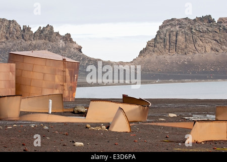View of Deception Island, view inside caldera, showing derelict whaling buildings, South Shetland Islands, Antarctica Stock Photo