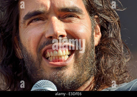 Russell Brand, comedian, speaking at The People's Assembly demonstration against Austerity,  21st June 2014 Stock Photo