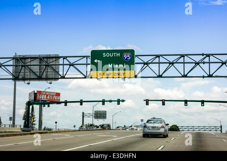 Overhead sign on I95 South to Miami in Florida Stock Photo