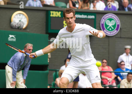 Wimbledon, London, UK. 23rd June, 2014. Wimbledon, London, UK. 23rd June, 2014. Picture shows Andy Murray (GBR) defending his Wimbledon title on the first day of Wimbledon Tennis Championships 2014 against David Goffen (BEL). Credit:  Clickpics/Alamy Live News Stock Photo