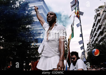 Thessaloniki, Greece. 21st June, 2014. The Gay Community of Thessaloniki organized for third consecutive year the Thessaloniki Gay Pride 2014. Hundreds of gays paraded in the center of Thessaloniki © Giannis Papanikos/NurPhoto/ZUMAPRESS.com/Alamy Live News Stock Photo