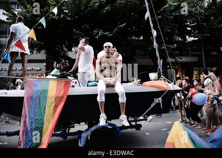 Thessaloniki, Greece. 21st June, 2014. The Gay Community of Thessaloniki organized for third consecutive year the Thessaloniki Gay Pride 2014. Hundreds of gays paraded in the center of Thessaloniki © Giannis Papanikos/NurPhoto/ZUMAPRESS.com/Alamy Live News Stock Photo