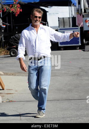 Pierce Brosnan is all smiles while walking around on the set of his new movie 'How To Make Love Like An Englishman' filming in Dowtown Los Angeles  Featuring: Pierce Brosnan Where: Los Angeles, CA, United States When: 16 Oct 2013 Stock Photo