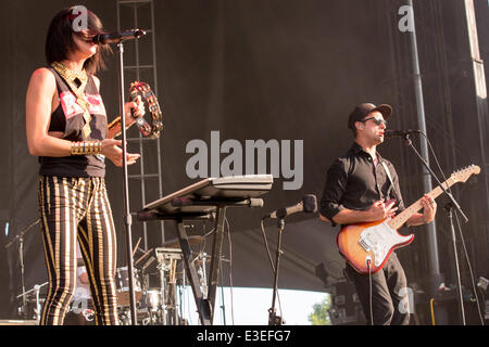 Dover, Delaware, USA. 22nd June, 2014. SARAH BARTHEL (L) and JOSH CARTER of the band Phantogram perform live at the 2014 Firefly Music Festival in Dover, Delaware Credit:  Daniel DeSlover/ZUMAPRESS.com/Alamy Live News Stock Photo