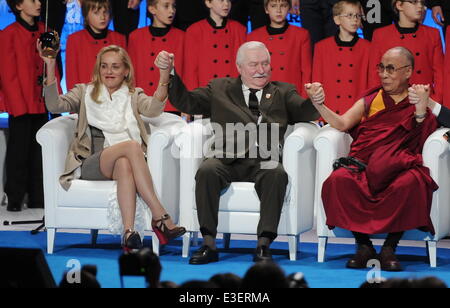 13th Summit of Nobel Prize winners in Poland  Featuring: Sharon Stone,Lech Walesa,Dalai Lama Where: Warsaw, Poland When: 23 Oct 2013x.pl /WENN.com  **Not Available for publication in Poland** Stock Photo