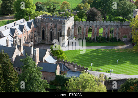 The grounds of the Bishop's Palace viewed from the top of the tower of Wells Cathedral, Somerset Stock Photo