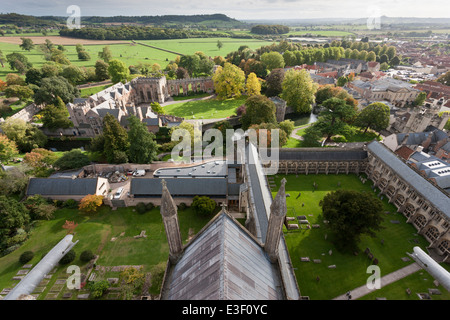 The grounds of the Bishop's Palace viewed from the top of the tower of Wells Cathedral, Somerset Stock Photo