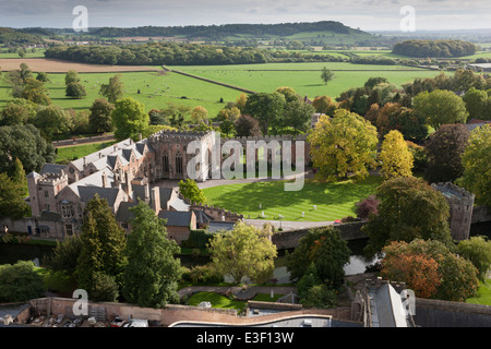 The grounds of the Bishop's Palace viewed from the top of the tower of Wells Cathedral, Somerset Stock Photo