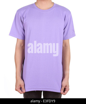 blank violet t-shirt on man (front side) isolated on white background Stock Photo