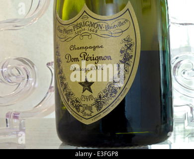 Bottle of exceptional year 2002 Dom Perignon luxury vintage champagne in luxury fine dining situation Stock Photo