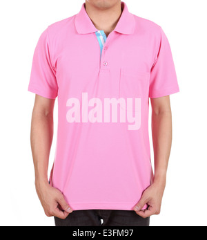blank pink polo shirt (front side) on man isolated on white background Stock Photo