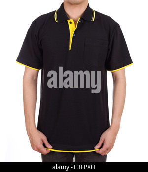 blank black polo shirt (front side) on man isolated on white background Stock Photo