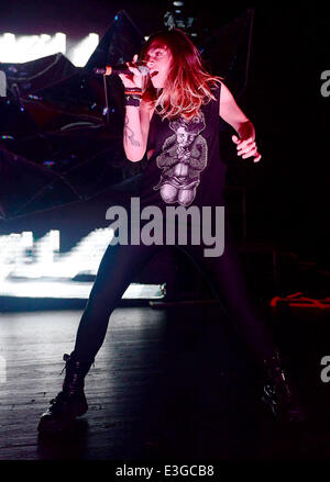 Krewella performs at The Fillmore Miami Beach at Jackie Gleason Theater on their 'Get Wet Live' tour  Featuring: Jahan Yousaf,Krewella Where: Miami Beach, Florida, United States When: 08 Nov 2013 Stock Photo