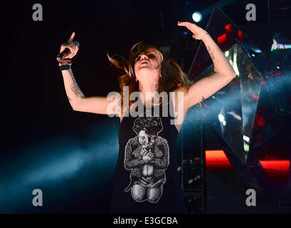 Krewella performs at The Fillmore Miami Beach at Jackie Gleason Theater on their 'Get Wet Live' tour  Featuring: Jahan Yousaf,Krewella Where: Miami Beach, Florida, United States When: 08 Nov 2013 Stock Photo