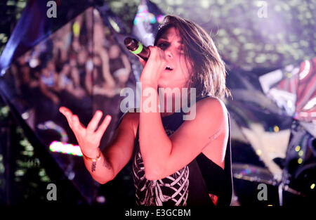 Krewella performs at The Fillmore Miami Beach at Jackie Gleason Theater on their 'Get Wet Live' tour  Featuring: Yasmine Yousaf,Krewella Where: Miami Beach, Florida, United States When: 08 Nov 2013 Stock Photo