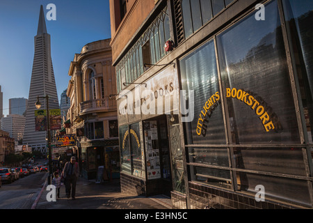 City Lights Bookstore, San Francisco, and in the background, the Transamerica Building. Stock Photo
