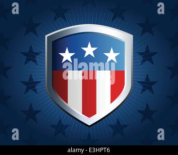 American flag inlay on shield emblem with star background Stock Vector