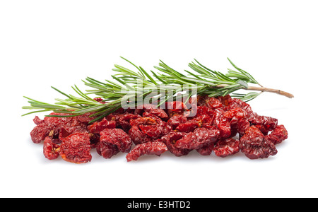 Dried tomatoes with rosemary isolated on white background. Stock Photo