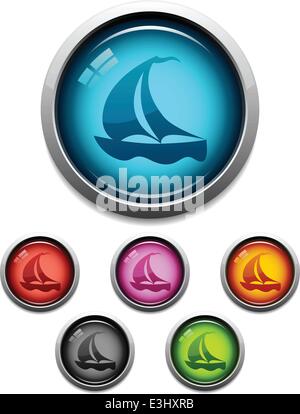 Glossy sailboat button icon set in 6 colors Stock Vector