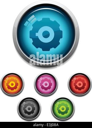 Glossy gear button icon set in 6 colors Stock Vector